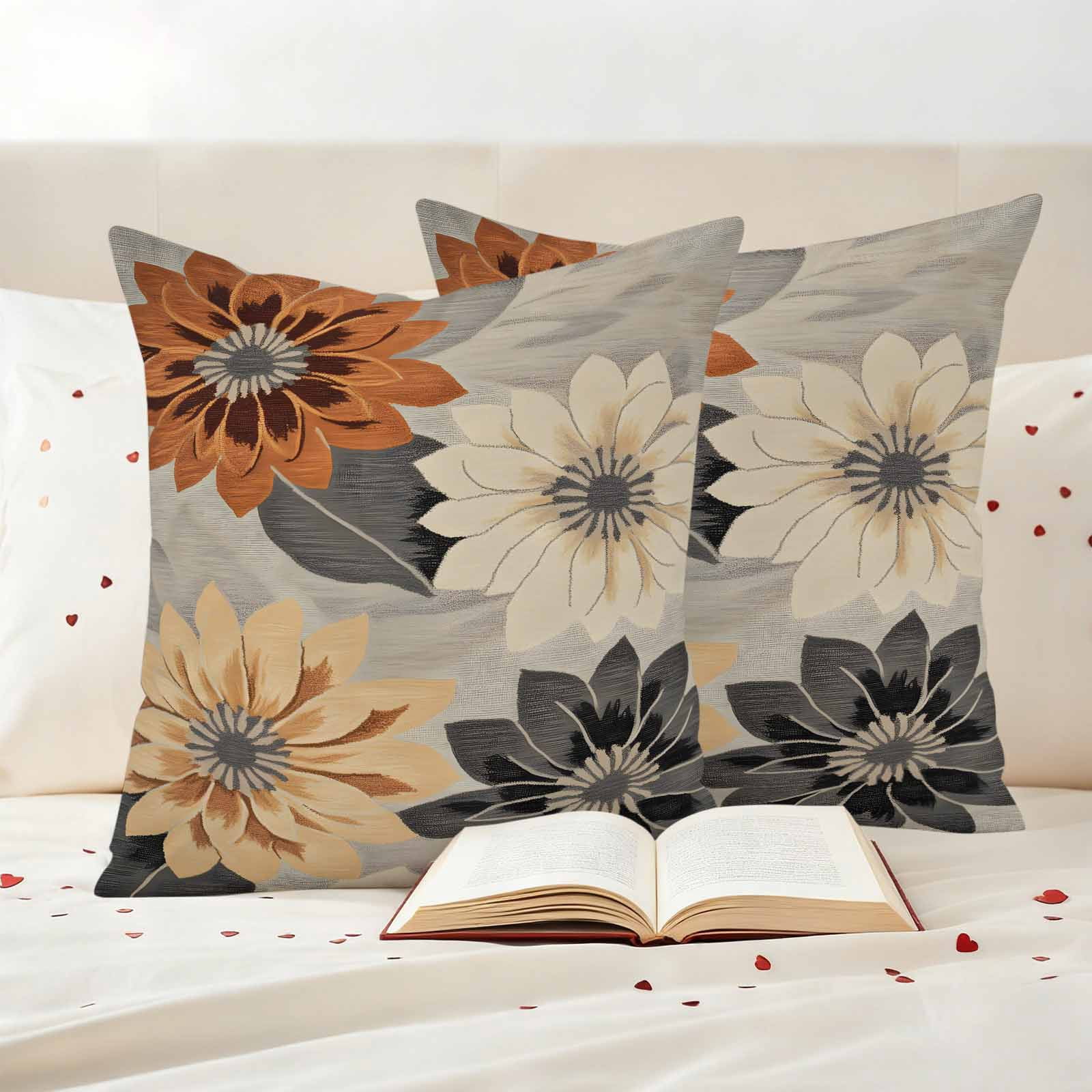 Burnt Orange Grey Black Flower Outdoor Waterproof Pillow Covers, Spring Floral Botanical Decorative Square Throw Pillowcase Sofa Cushion Sham for Patio/Couch/Chair, 16"x16" 2 Pack