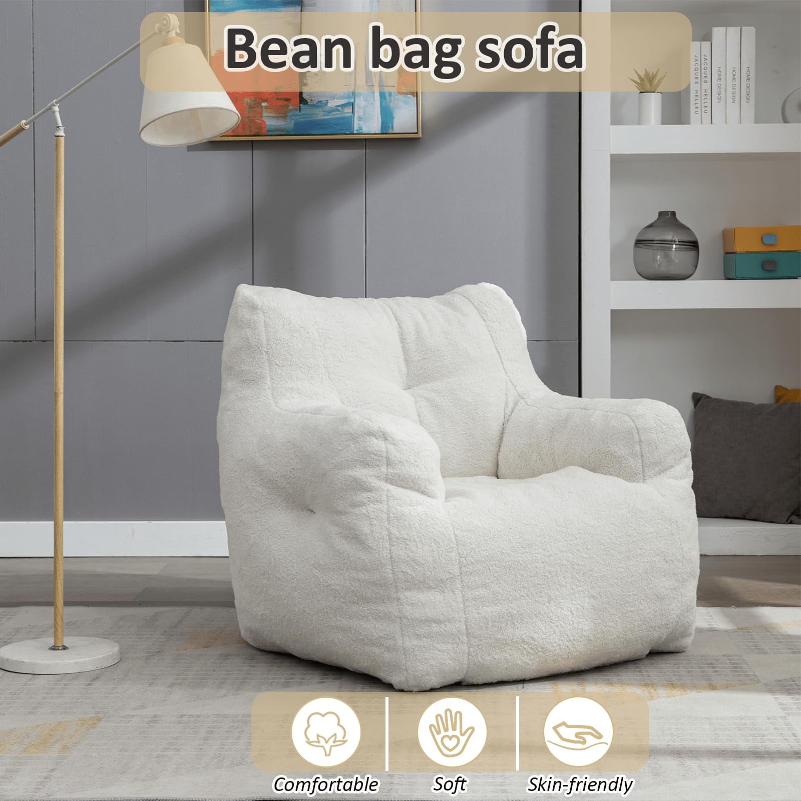 Lecut Bean Bag Chair Large Bean Bag Chair for Adults with Armrest Comfy Bean Bag Sofa with Foam Filling Fluffy Lazy Chair Soft Teddy Fabric Tufted Bean Bag for Dorm Bedroom Gaming White