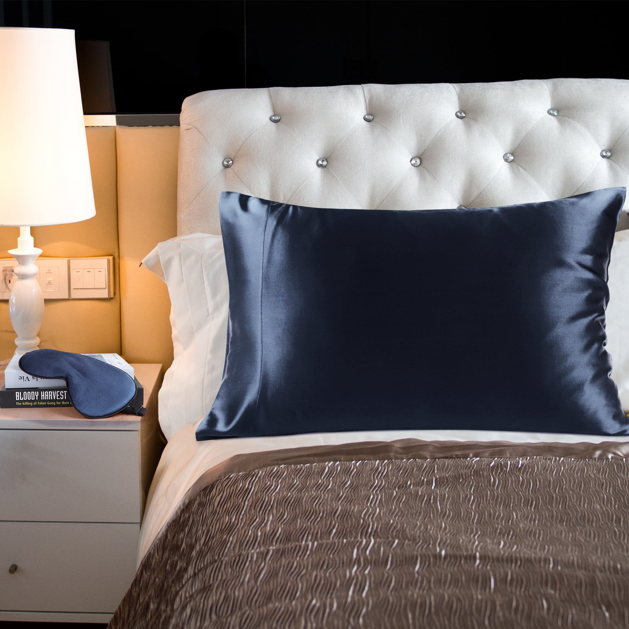 Unique Bargains 19 Momme Silk Pillowcase Eye Cover Set, King, Navy Blue
