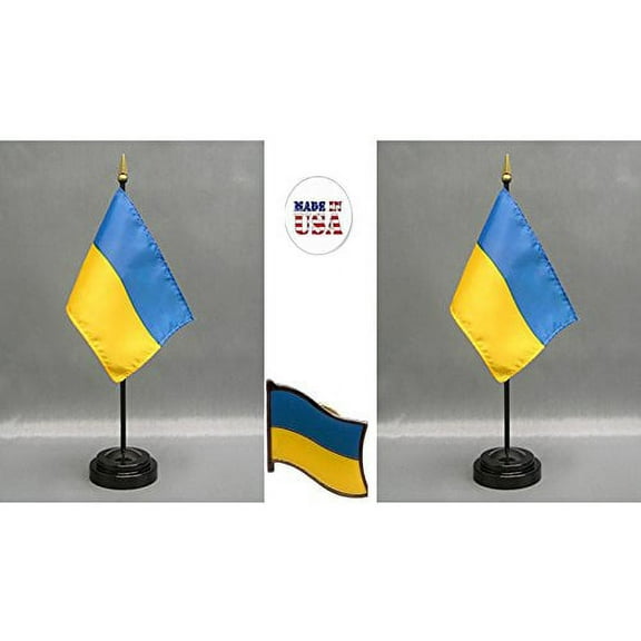 Made in The USA. 2 Ukraine 4"x6" Miniature Office Desk & Little Hand Waving Table Flags Includes 2 Flag Stands & 2 Ukrainian Small Mini Stick Flags, Plus 1 Ukraine Flag Lapel Pin.