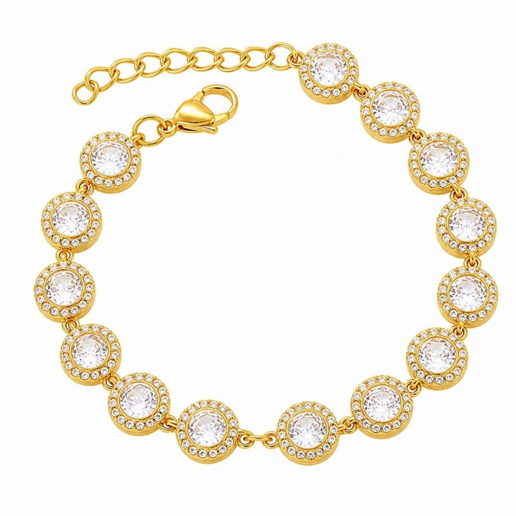 HIRPLIS Halo Round Cubic Zirconia Beaded Bracelet for Women Tennis Stainless Steel Elegant Boho Dainty Adjustable Wedding Statement Personalized Gift Jewelry Gold Plated White