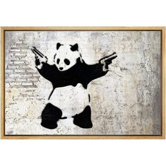 wall26 Framed Canvas Print Wall Art Banksy Panda with Handguns on Wall Cities Animals Digital Art Modern Art Chic Scenic Dark Black and White for Living Room, Bedroom, Office - 16"x24" Natu