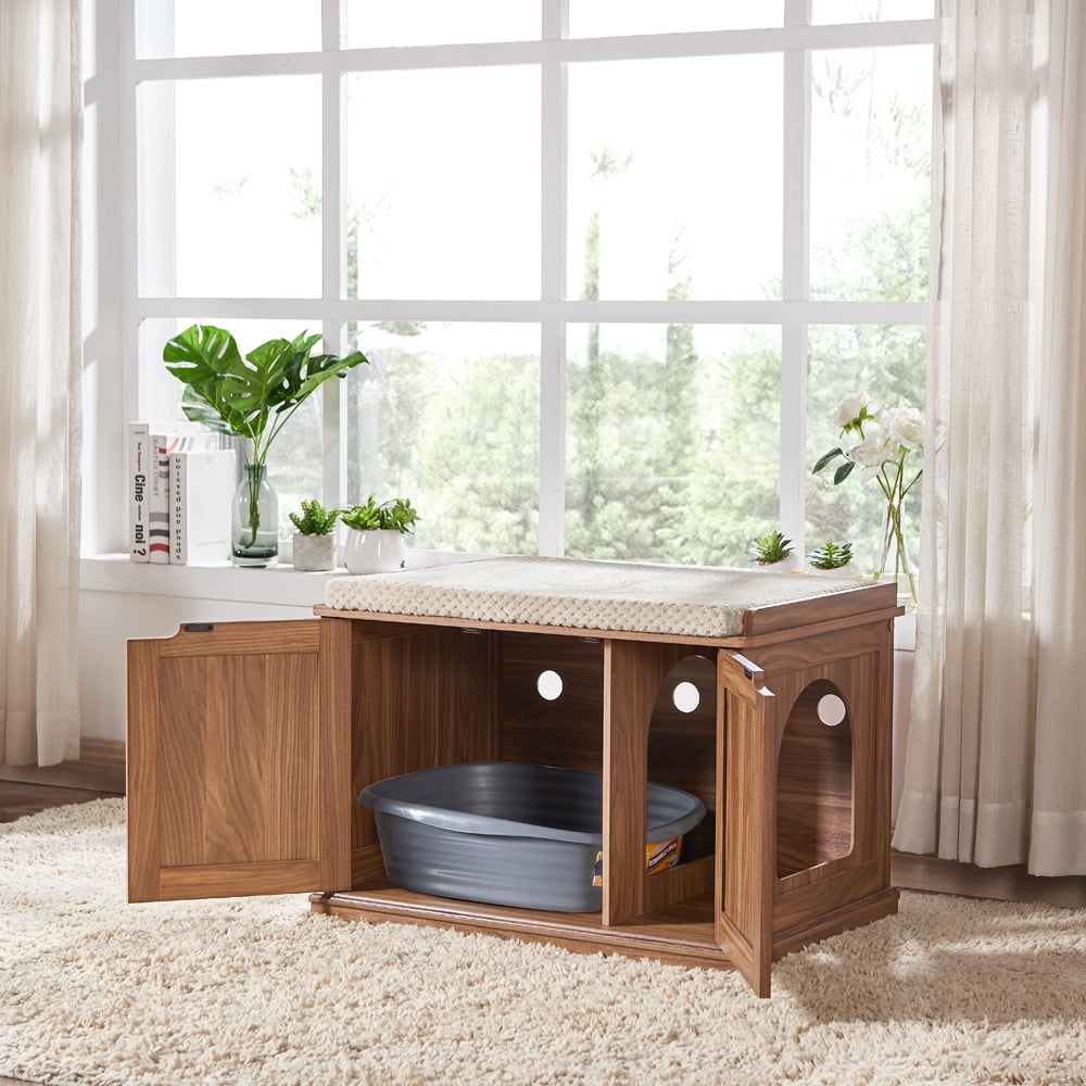 Unipaws Designer Cat Litter Box Furniture, Cat Washroom Storage Bench, Walnut