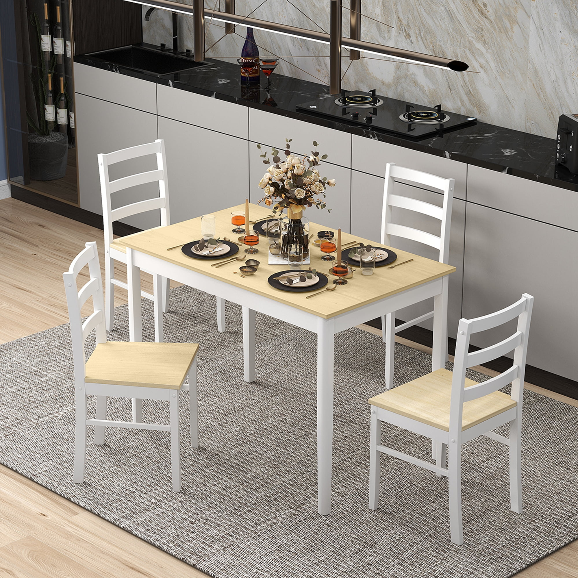 Costway 5 Piece Rubberwood Space Saving Dining Table with Chair Natural