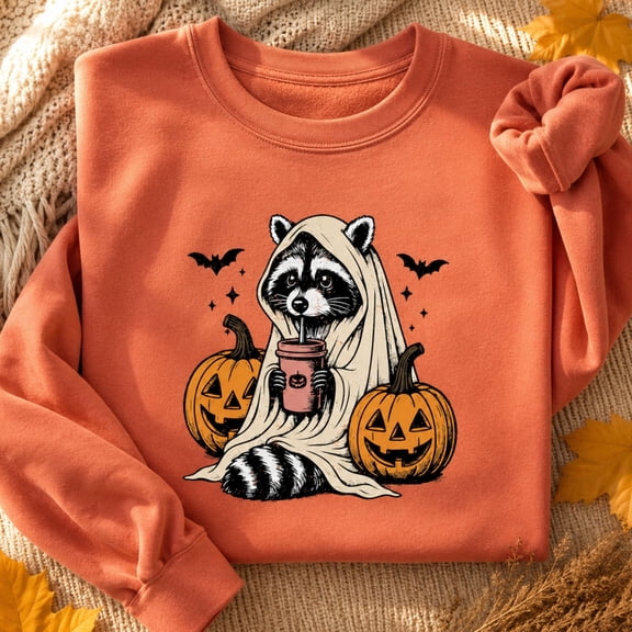 Halloween Shirt, Ghost Raccoon Drinking Coffee Sweatshirt, Pumpkin Spooky Hoodie, Cute Trick or Treat T-Shirt, Raccoon Lover Gift for Women