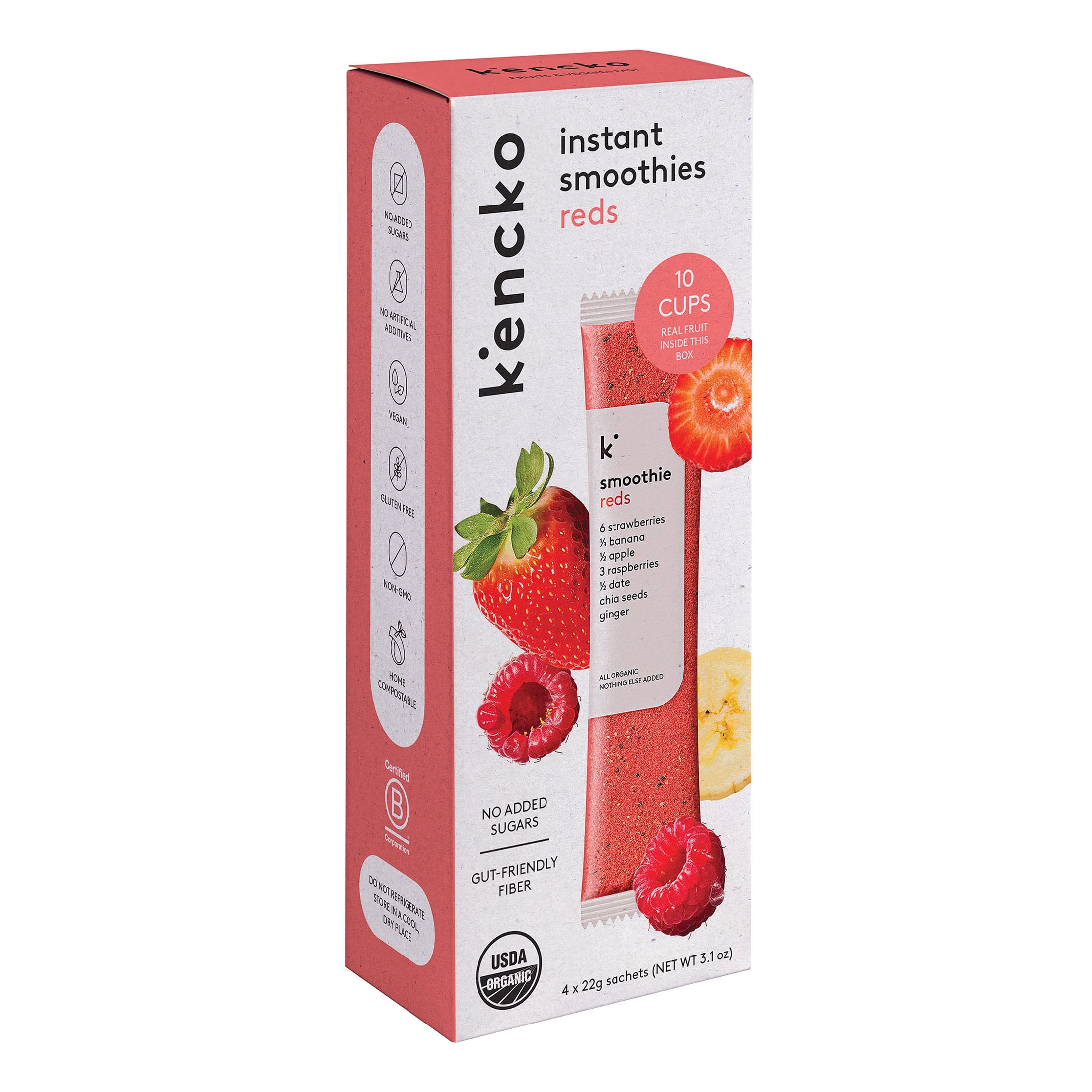 Kencko Reds Organic Instant Fruit & Veggie Smoothies, Powdered Drink Mix, .78 oz, 4 Pack