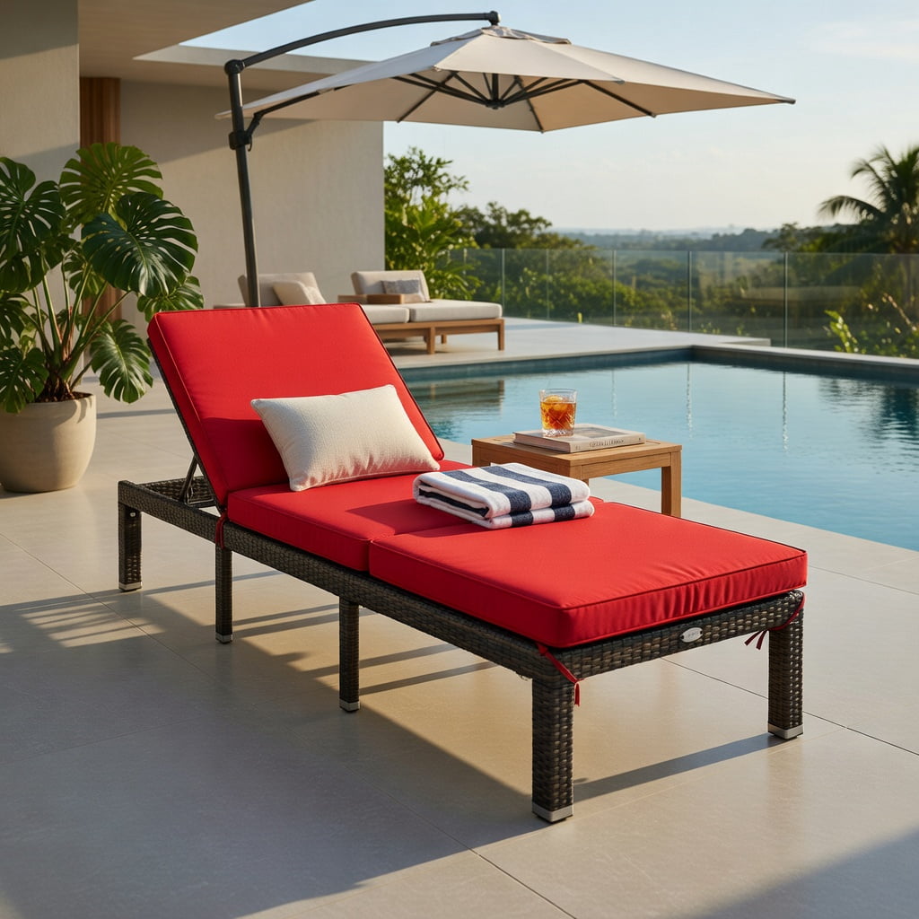 Hommoo Adjustable Outdoor Rattan Chaise Lounge Chair with Removable Cushion & PE Rattan, Perfect for Patio, Poolside & Garden, Red
