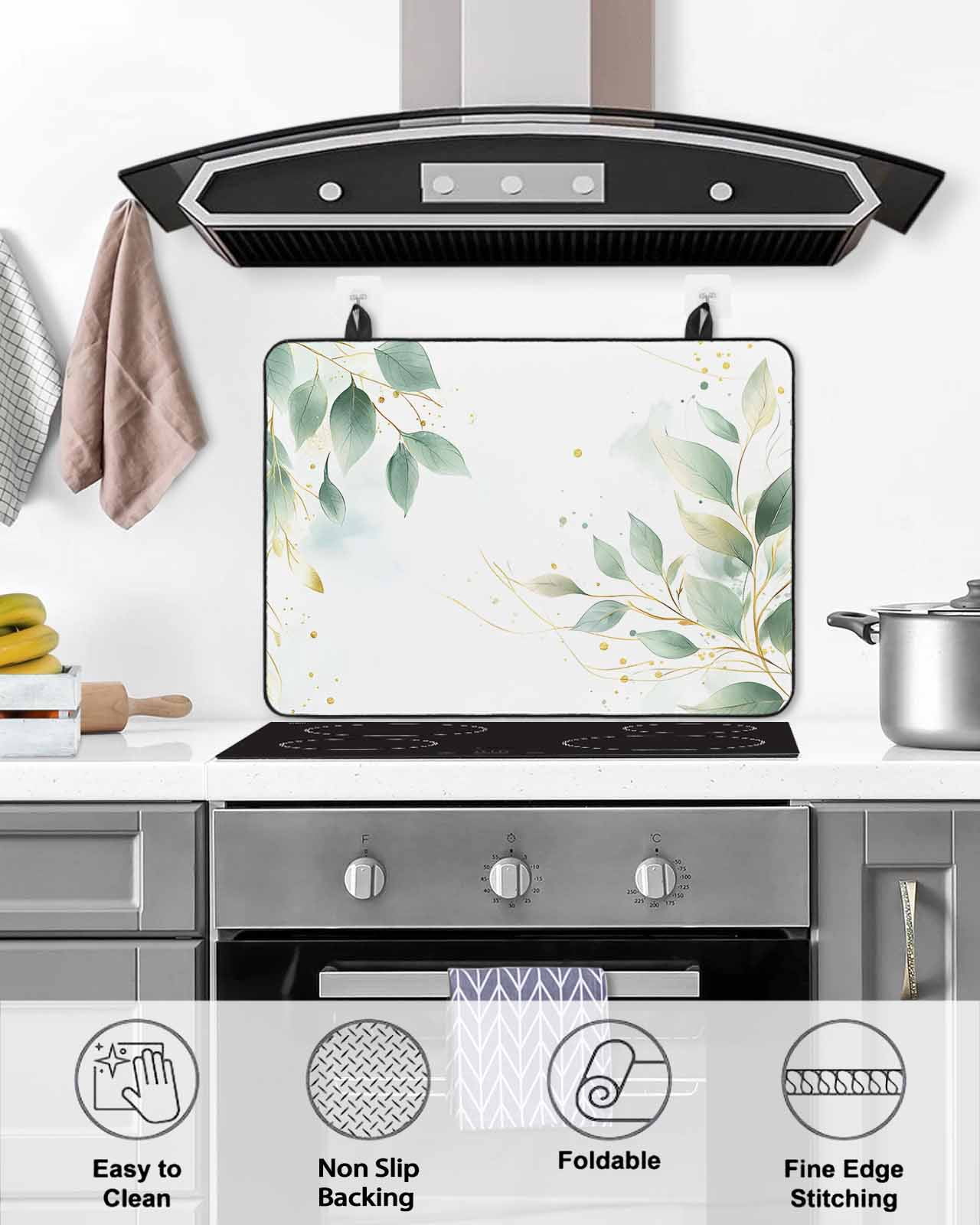 nqOlkjepod Large Induction Cooktop Protector Mat 24"x21", Summer Green Leaves Stove Top Covers for Electric Stove, Pastoral Spring Country Plants Stove Burner Cover Mats, Glass Top Stove Cover
