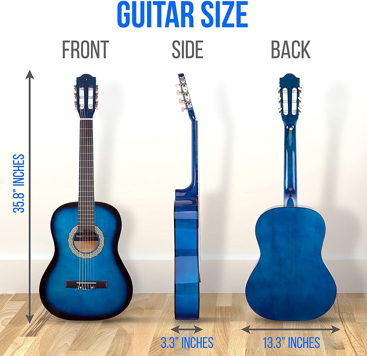 Pyle 36'' -Inch 6-String Classic Guitar - 3/4 Size Scale Guitar with Digital Tuner & Accessory Kit, (Blue burst)