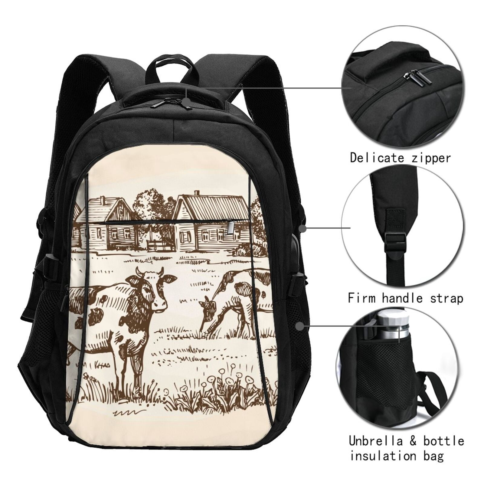 Horeoi Cows On The Farm Print USB Backpack for Travel School Work with Laptop Compartment Charging Port and Anti-Theft Pocket