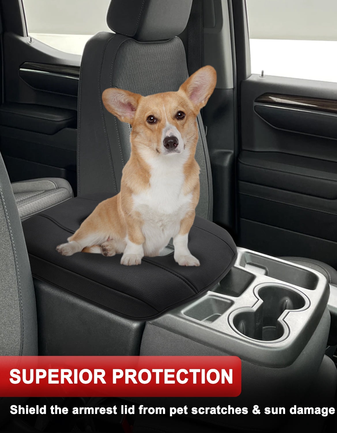 KBH Center Console Cover for 2019-2026 Chevy Silverado/GMC Sierra Accessories, Black Leather Armrest Cover for Jump Seat Console, Anti-scratch Middle Console Lid Protector