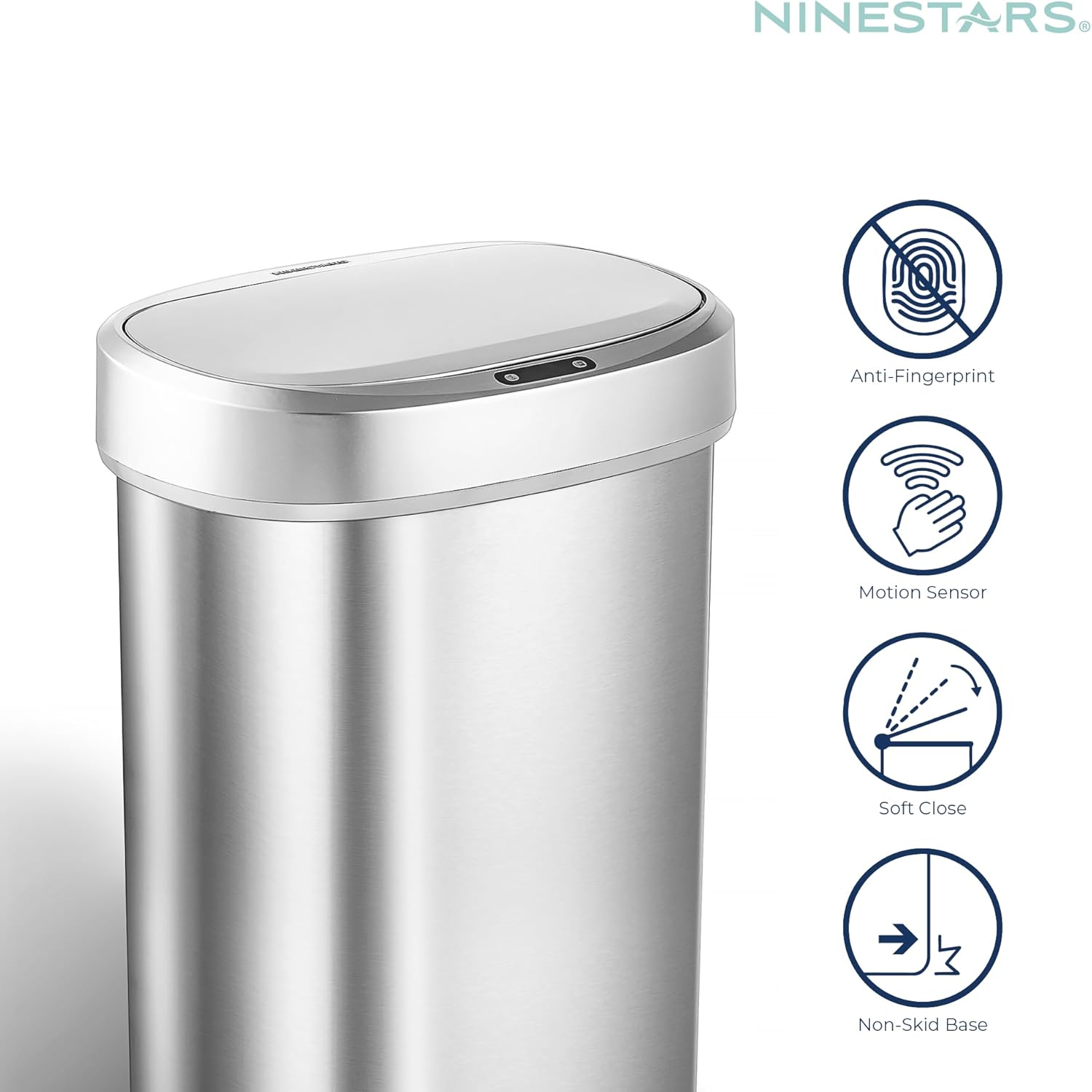 NINESTARS DZT-50-49 Automatic Touchless Motion Sensor Oval Trash Can, Black Top, 13 Gallon/50 Liter, Stainless Steel