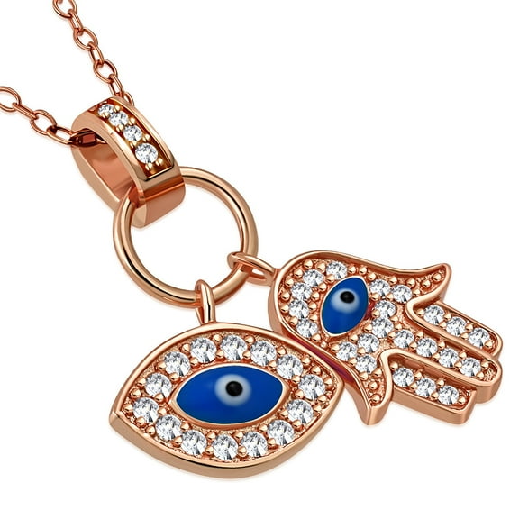925 Sterling Silver Womens Evil Eye Hamsa Blue White CZ Pendant Necklace
