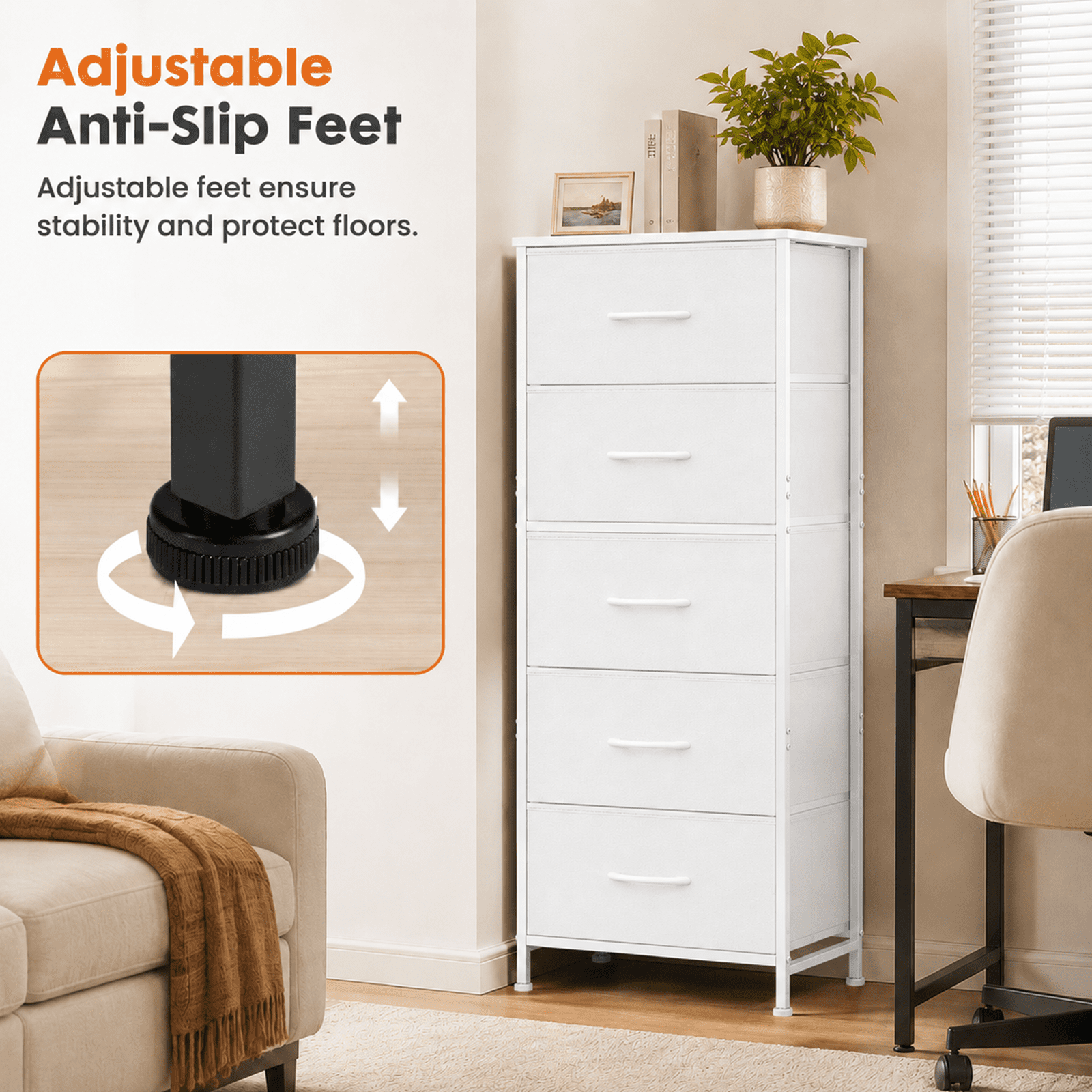 Alvantor Tall Dresser for Bedroom with 5 Drawers, Vertical End Table and Nightstand for Bedroom, Storage Organizer Chest of Drawers with Removable Fabric Bins