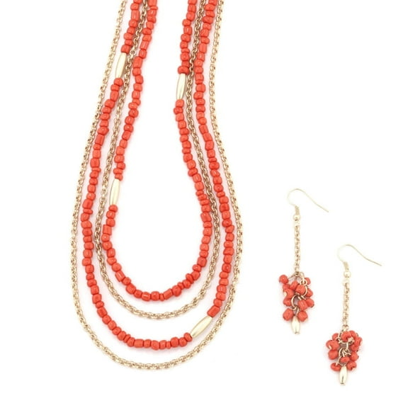 Coral Orange Beaded Multi-Layer Necklace and Dangle Earring Set - Fall Fashion Jewelry Necklace Earring Gold