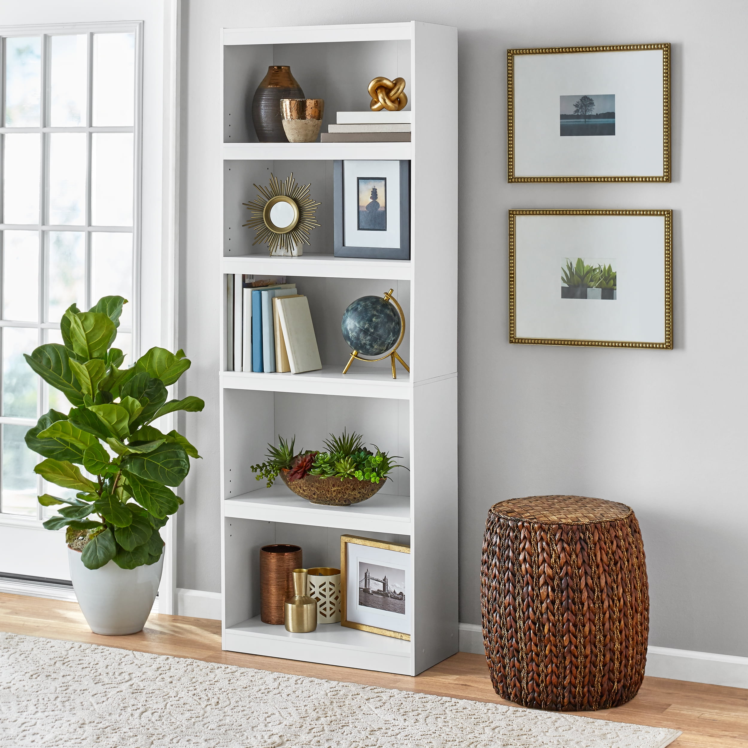 Bookcase WIDE 5 Shelf Set of 3 Wall White Adjustable Wood Bookshelf Storage Unit 