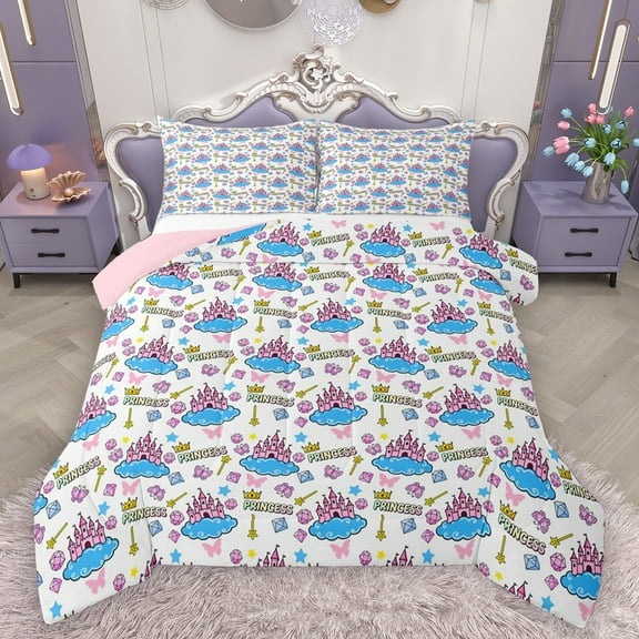 Homewish Dreamy Princess Castle Bedding Comforter Set,Pink Cartoon Butterfly Twin Comforter Sets,Blue Stereoscopic Diamond Bedding Set For Girl Kids,Breathable Home Decor Reversible,2pcs