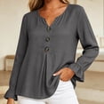 thumbnail image 4 of LEKWK Ruffle Long Sleeve Shirts for Women V Neck Button Front Linen Tops Pleated Loose Dressy Casual Tunic Tops Fall Daily Office Travel Outfits, 4 of 6