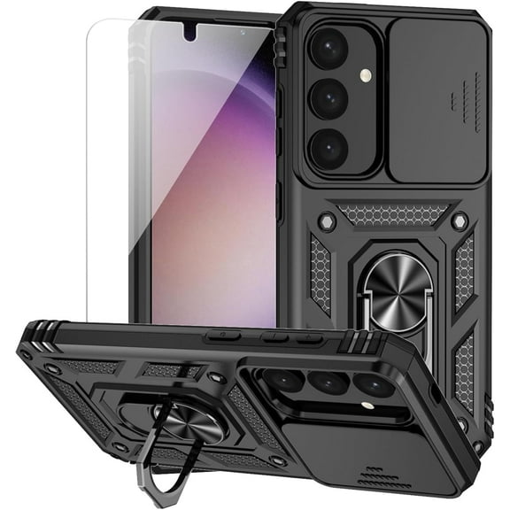 REQO for Samsung Galaxy S25 Plus Case with Camera Lens Cover HD Screen Protector, Military-Grade Drop Tested Magnetic Ring Holder Kickstand Protective Phone Case for Samsung Galaxy S25 Plus