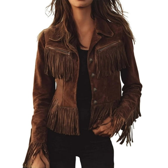 FYDUU Women's Fringe Leather Jackets Fall Fashion 2025 Tassel Cropped Jacket Slim Fit Lapel Collar Autumn Winter Outerwear Coats Comfy Down Jackets