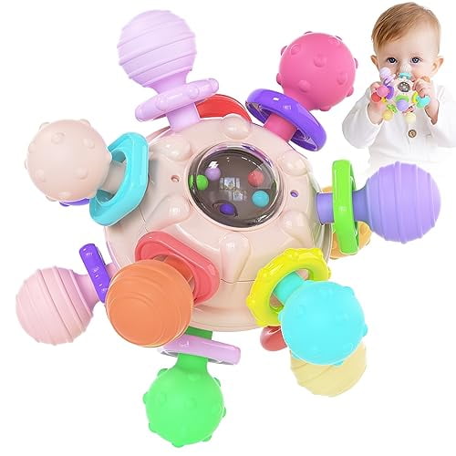 Silicone Baby Teether,Montessori Sensory Toys,0-12 Months,Pink & Multicolor,Teething Toys for Babies
