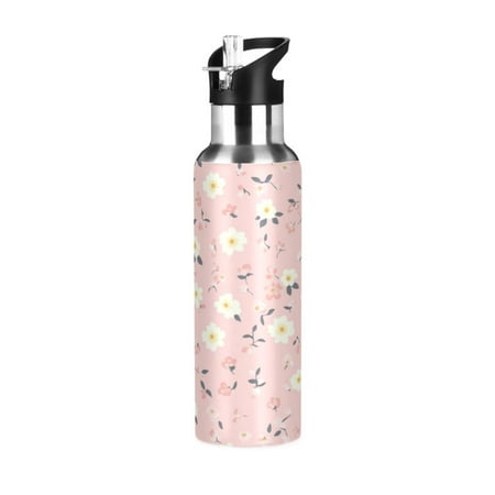 

600/1000ML Stainless Steel Sport Water Bottle with Straw Lid Leak Proof Vacuum Insulated Mug for Outdoor Activities Cycling Running & Walking Cute Small Floral Pattern