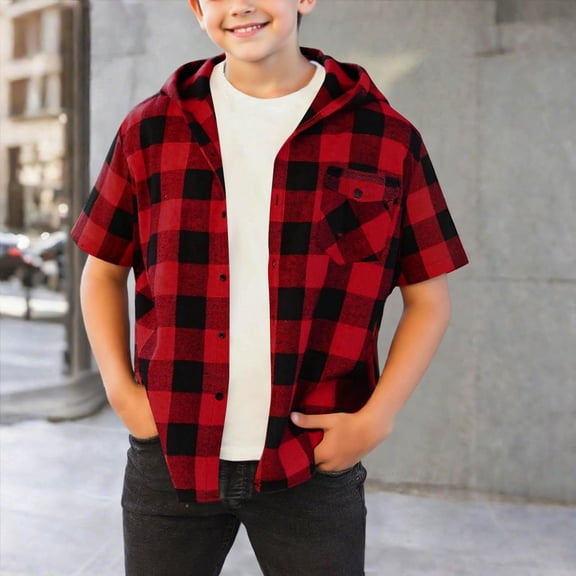 Tdoqot Boys Plaid Shirts with Hood- Fashion Casual Button Down Short Sleeve Kids Summer Clothes Red Size 6-14