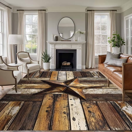 5x7 Washable Area Rug Retro Star Non-Slip Large Rectangle Rug for Living Room Bedroom Country Shabby Texas Stars Mottled Old Wood Grain Indoor Floor Mat for Home Decor