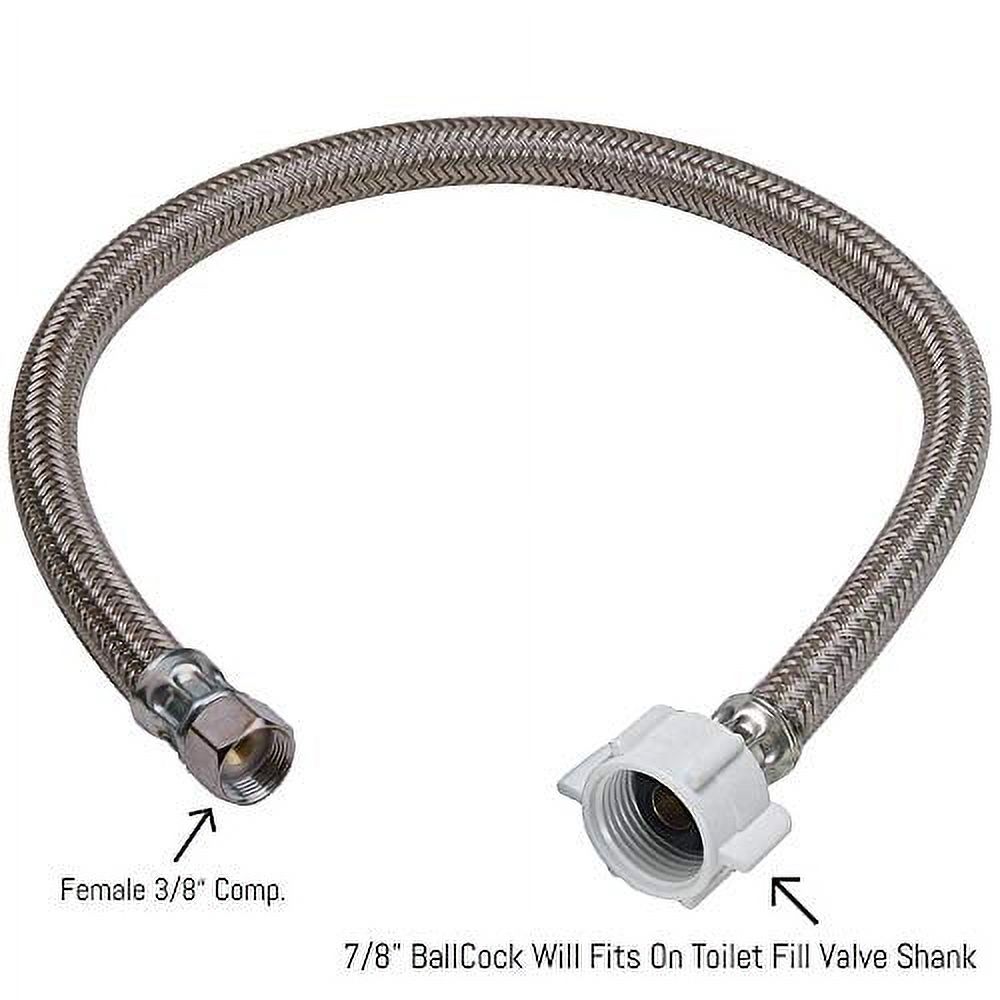 EZ-Fluid 9" Toilet Water Supply Connector, Braided Stainless Steel - 3/8? Female Compression Thread x 7/8? Female Ballcock Thread 9-Inch Toilet Water Connectors Hose (1-PACK)