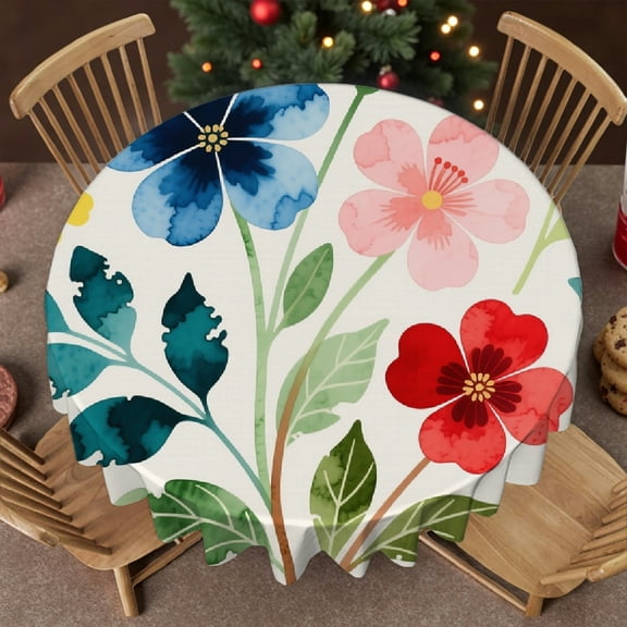 tablecloth round - Blue and Yellow Flower(1) Print, Machine-Made Kitchen Accessories Tablecloth for dining table round, Cafe, picnic,60x60 Inch