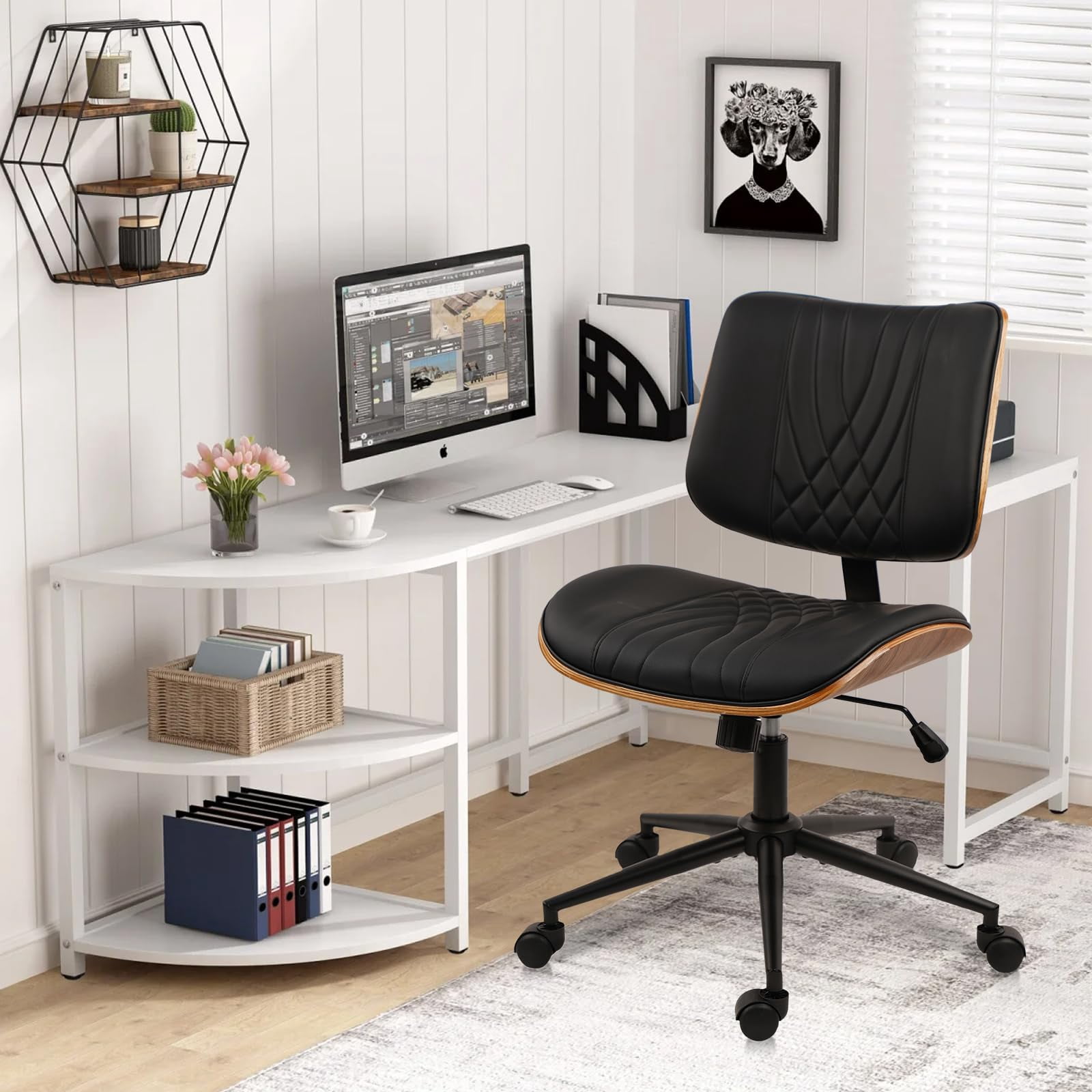 CLATINA Armless Home Office Chair, Desk Chair with Wheels, Adjustable Height Reading Chair, Leather Mid Back & Swivel Computer Chair, Modern Walnut Chairs with Back for Studio Meeting Room(Black)
