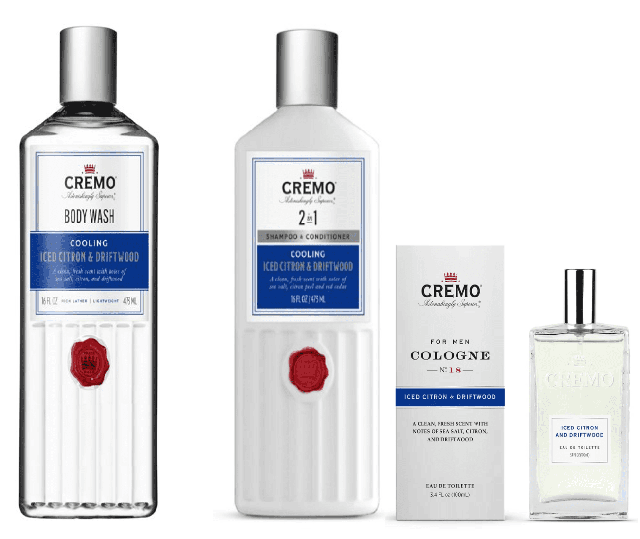 Iced Citron & Driftwood Body Wash (16 Oz), Shampoo/Conditioner 2 in 1 (16 Oz), & Cologne (3.4 Fl