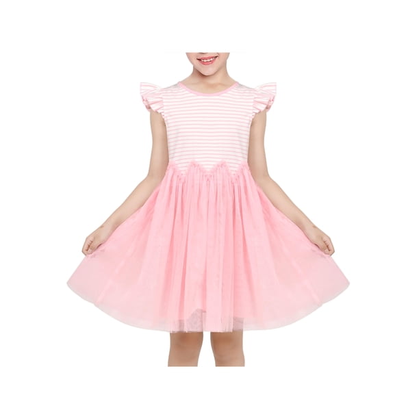 Vestido de Niña Rosa a Rayas Cuello Redondo Manga Corta con Volantes Tul Casual Algodón 4 Años