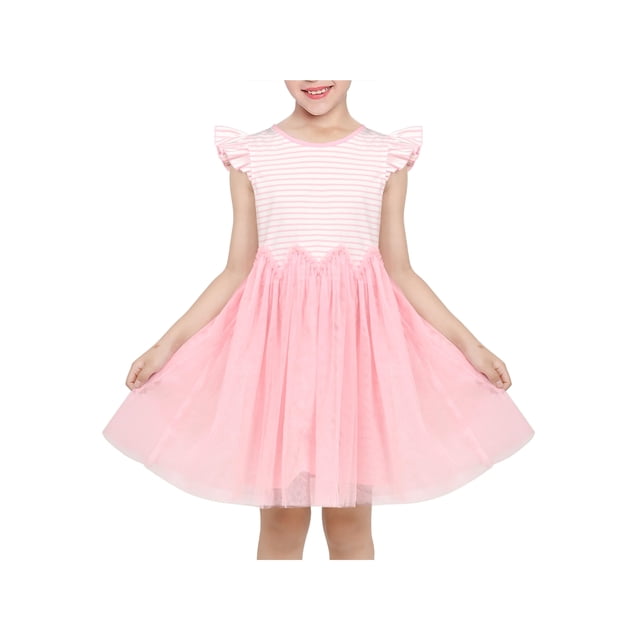 Vestido de Niña Rosa a Rayas Cuello Redondo Manga Corta con Volantes Tul Casual Algodón 4 Años