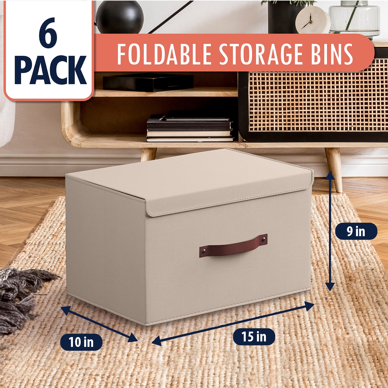 Ornavo Home Foldable Collapsible Large Storage Box Bins Linen Fabric Shelf Basket Cube Organizer with Leather Handles and Lid - Set of 6 - 15 x 10 x 9