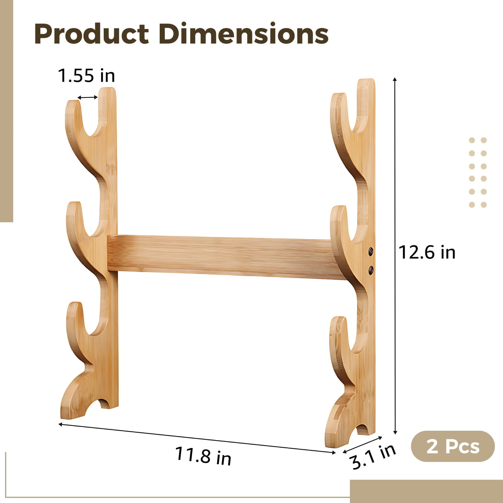 2 Pack Natural Wood Katana Sword Holder – 3-Tier Display Rack, Wall-Mountable or Freestanding, Protective U-Shaped Grooves for Collection Display