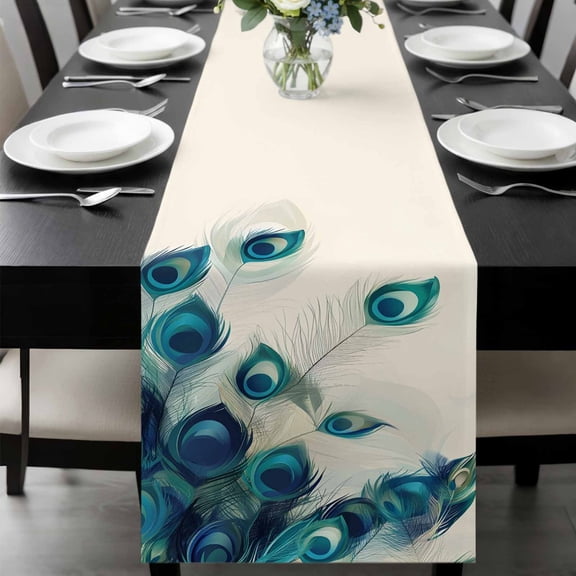 Peacock Feather Table Runner 72 Inches Long, Teal Ethnic Rustic Farmhouse Elegant Kitchen Coffee Dining Table Decoration for Home Party Birthday Wedding Home Decor 16x72 Inches