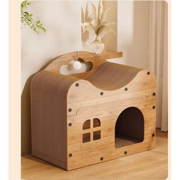 2-in-1 Cat Scratcher House with Cozy Cat Bed, Durable Cardboard Scratching Surface, Indoor Cat Hideaway Shelter with Ventilation Design, Space-Saving Cat Furniture for Indoor Cats