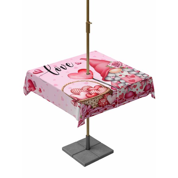 Outdoor Tablecloth with Umbrella Hole and Zipper, Valentine's Day Square Table Cloth 54x54 Inch Waterproof Tablecloth, Pink Love Gnomes Roses Ombre Romantic Picnic Table Cover for Patio Camping