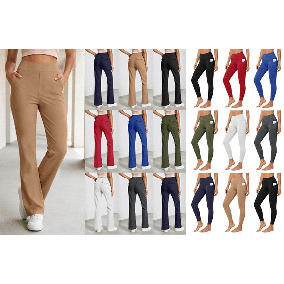 Women's Solid Color Yoga Pants with Pockets Mid Waist Soft Stretch Athletic Leggings for Fitness Running Gym Wear Khaki-Yoga Pants XL(XL)