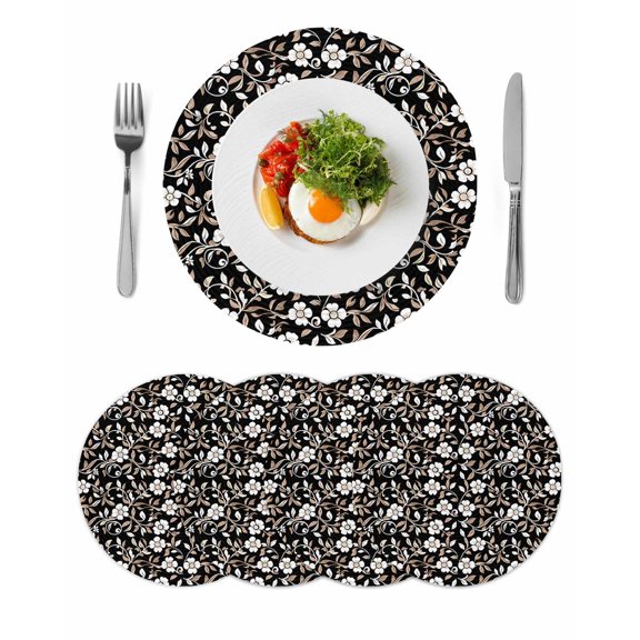 Black White Floral Round 13 Inch Placemats Set of 4, Farmhouse Vintage Botanical Leaves HeatResistant Non Slip Place Mats for Dining Table, Wipeable Braided Kitchen Table Mats for Housewarming