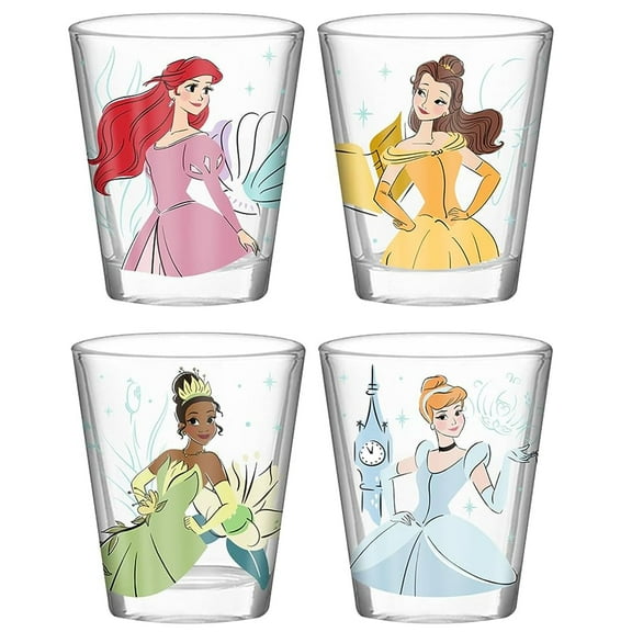 Silver Buffalo Disney Princess Icon Sparkle Line Up 4-Pack Mini Glass Set, 1.5 Ounces