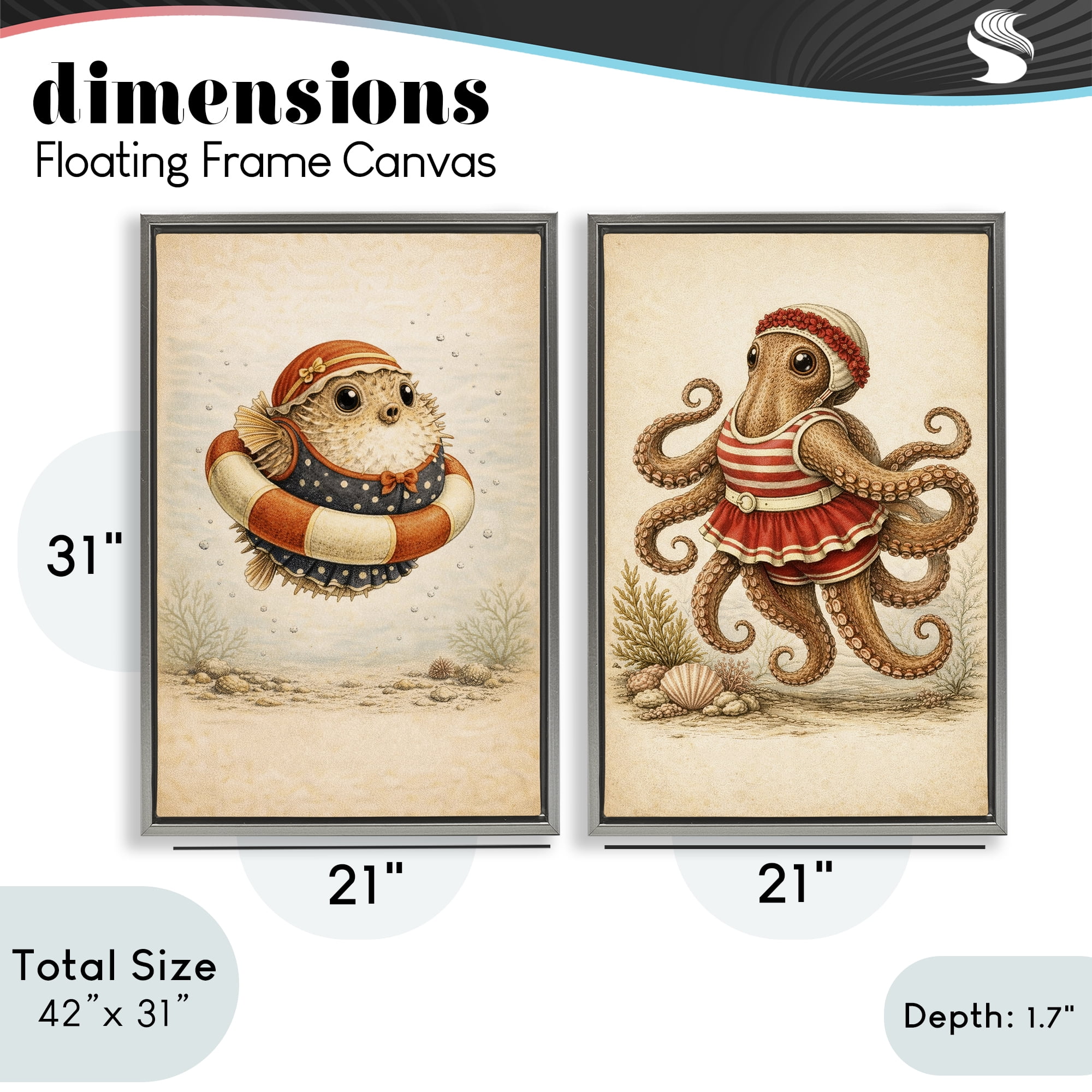 Stupell Industries Vintage Maritime Bathing Creatures 2 Piece Gray Framed Floater Canvas Set, design by Grotto Studios