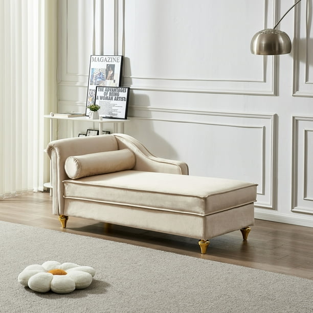 60.6 Chaise Lounge Chair with Storage Velvet Upholstered Sofa Bed with Pillow Recliner Chair with Right Armrest Stable Legs Indoor Chaise Sofa for Bedroom Living Room Lounge Beige Walmart Business Sup...