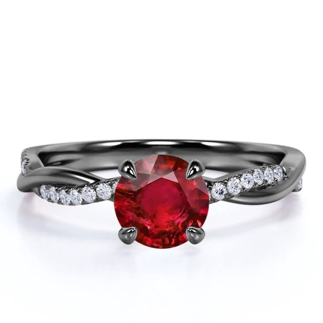 JeenMata Anillo de Compromiso con Rubí Rojo Oscuro Gótico de Talla Redonda de 1 Quilate Creado en Laboratorio en Oro Negro de 18 K sobre Plata