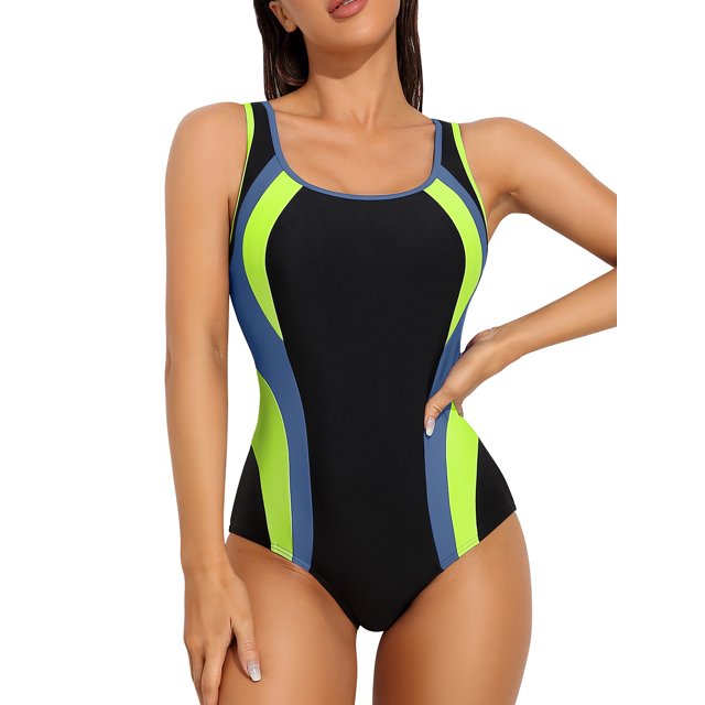 Women's Athletic One Piece Swimsuit Color Block Bathing Suit Racerback Training Swimwear