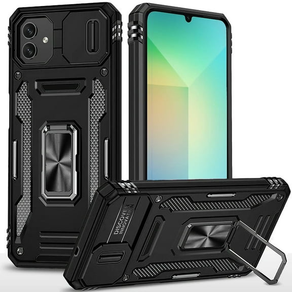 Designed for Samsung Galaxy A06 Hybrid Case with Rotation Ring Stand Shockproof & Slide Camera Window TPU Armor Drop-proof Phone Case Cover - Black