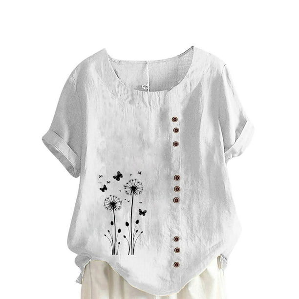 Vestidos Casuales Para Mujer, Blusas De Mujer De Moda Blusa informal de lino con cuello redondo, manga corta y botones para mujer