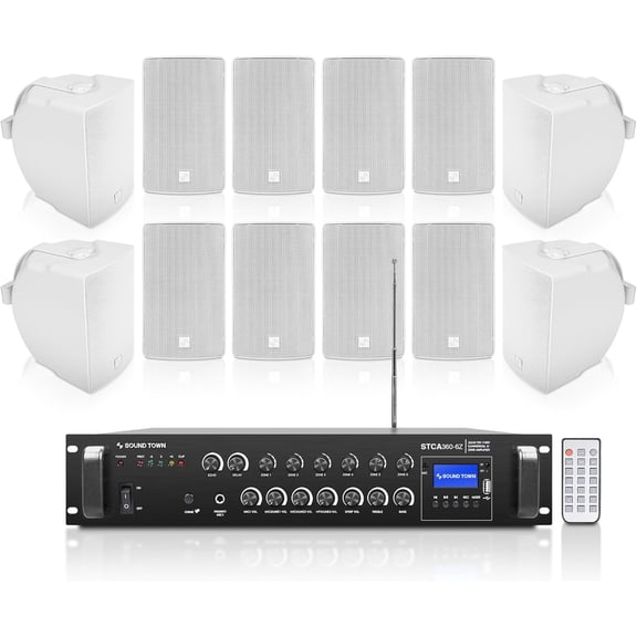 Sound Town Commercial Restaurant Bluetooth Amplifier   Surface-Mount Speaker Set, with One 6-Zone 70V/100V Amplifier, 12 x Weather-Resistant 6.5-Inch Surface-Mount Speakers, White (STCA360X12TV6W)