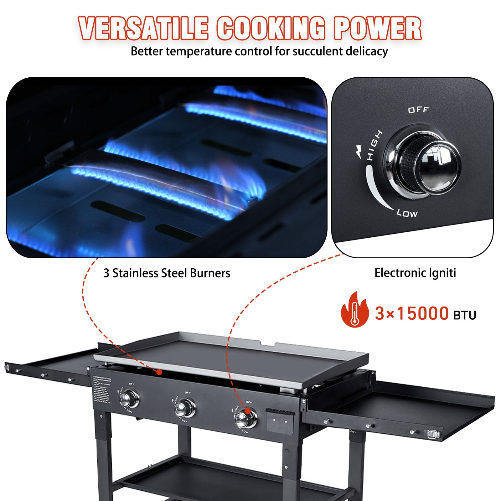 BESTFIRE Foldable Flat Top Grill-3 Burner, 35" Outdoor GriddlePropane Griddle with Two Foldable Shelves, Flat Grills Outdoor-45,000 BTU,Black